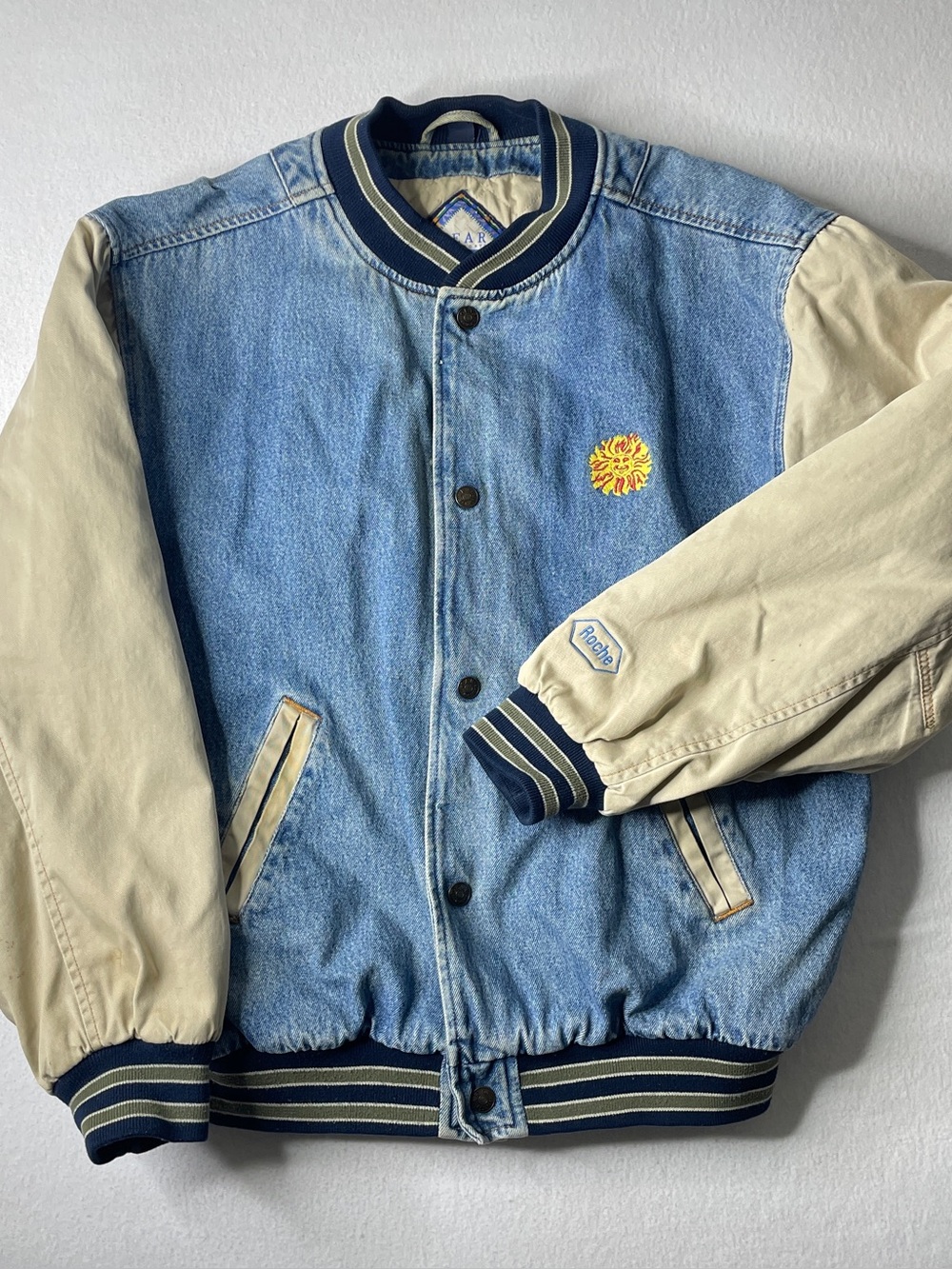 90s Denim Bomber Jacket Mens Large Blue Varsity Embroidered Gear for Sports